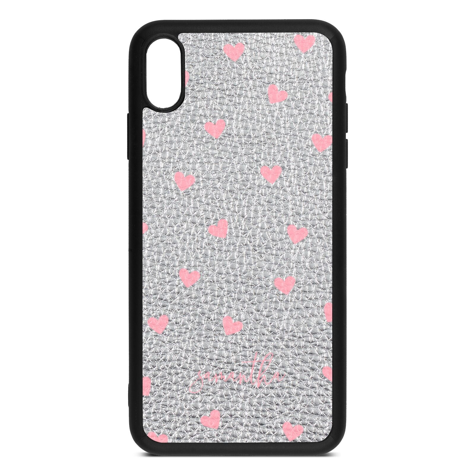 Pink Hearts with Custom Name Silver Pebble Leather iPhone Xs Max Case