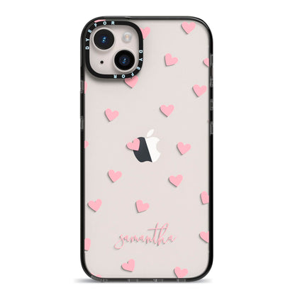 Pink Hearts with Custom Name iPhone 14 Plus Black Impact Case on Silver phone