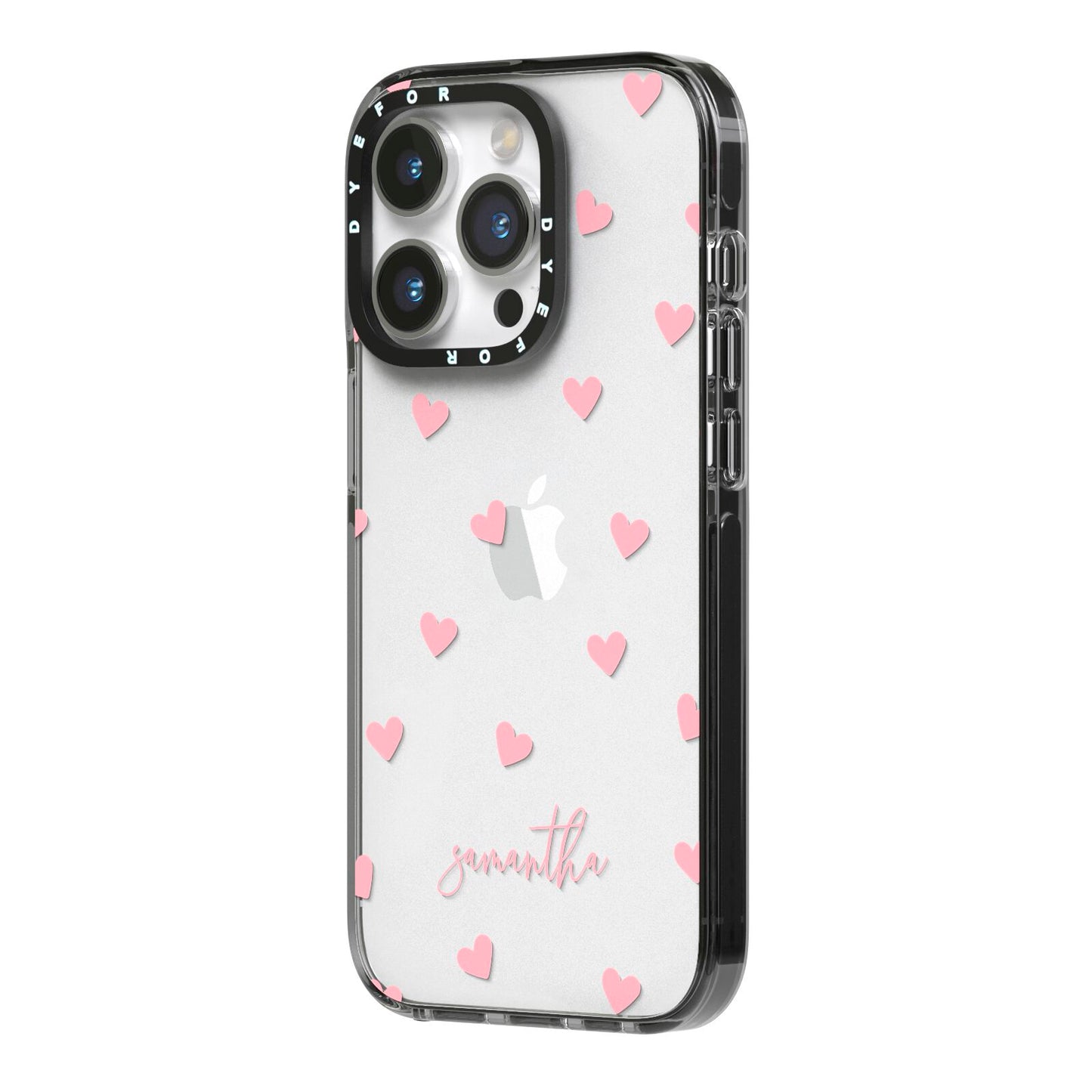 Pink Hearts with Custom Name iPhone 14 Pro Black Impact Case Side Angle on Silver phone