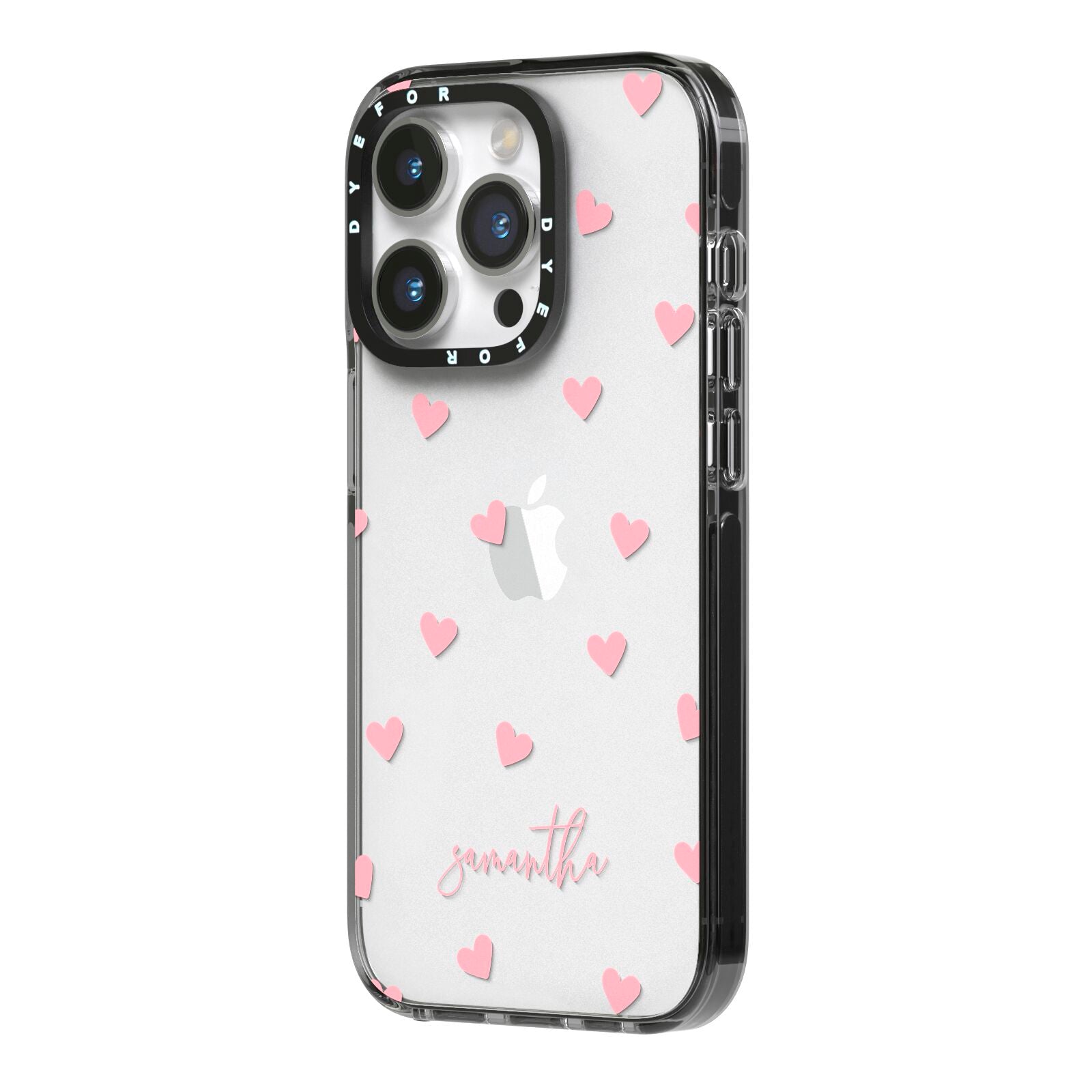 Pink Hearts with Custom Name iPhone 14 Pro Black Impact Case Side Angle on Silver phone