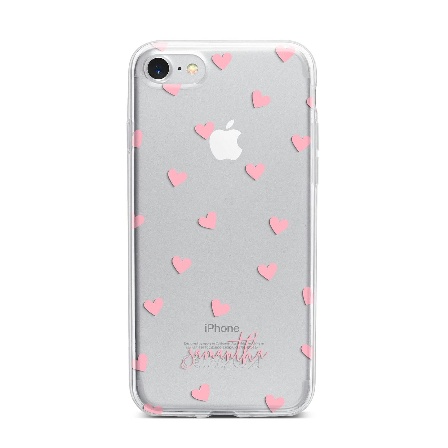 Pink Hearts with Custom Name iPhone 7 Bumper Case on Silver iPhone
