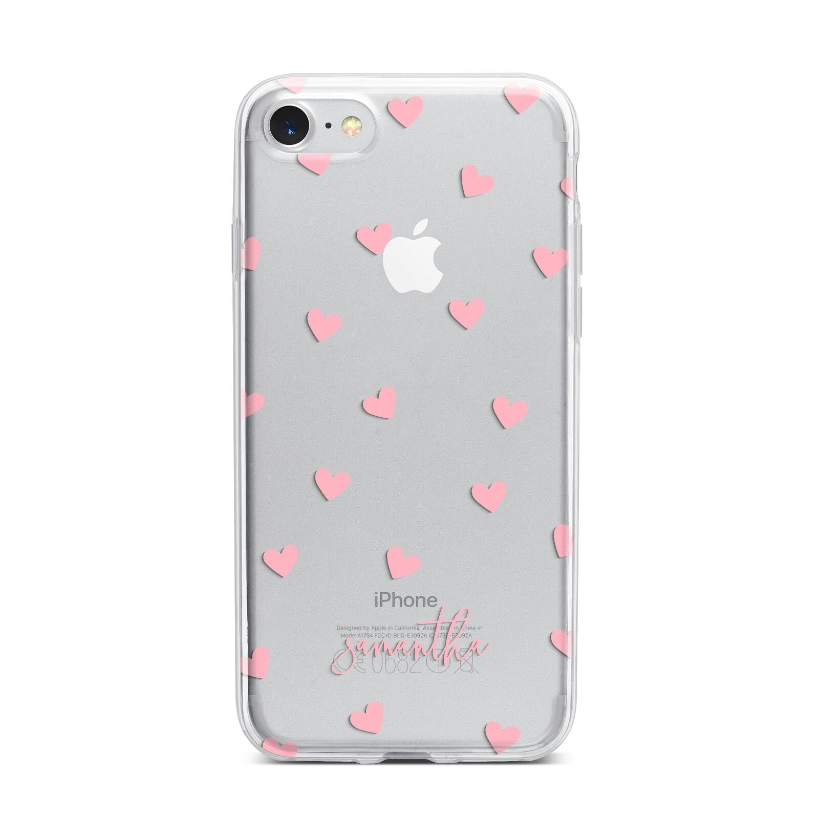 Pink Hearts with Custom Name iPhone 7 Bumper Case on Silver iPhone