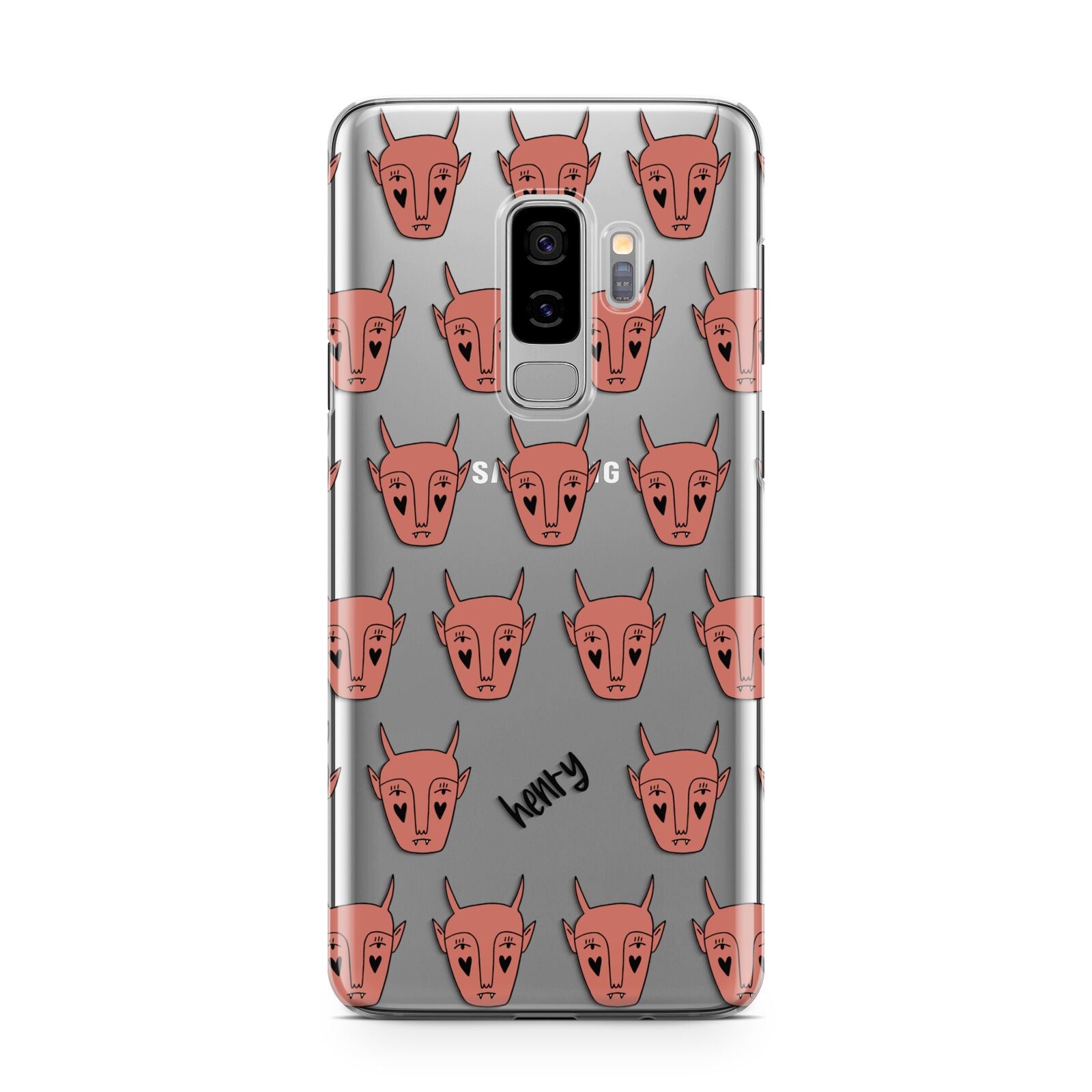 Pink Horned Halloween Personalised Samsung Galaxy S9 Plus Case on Silver phone