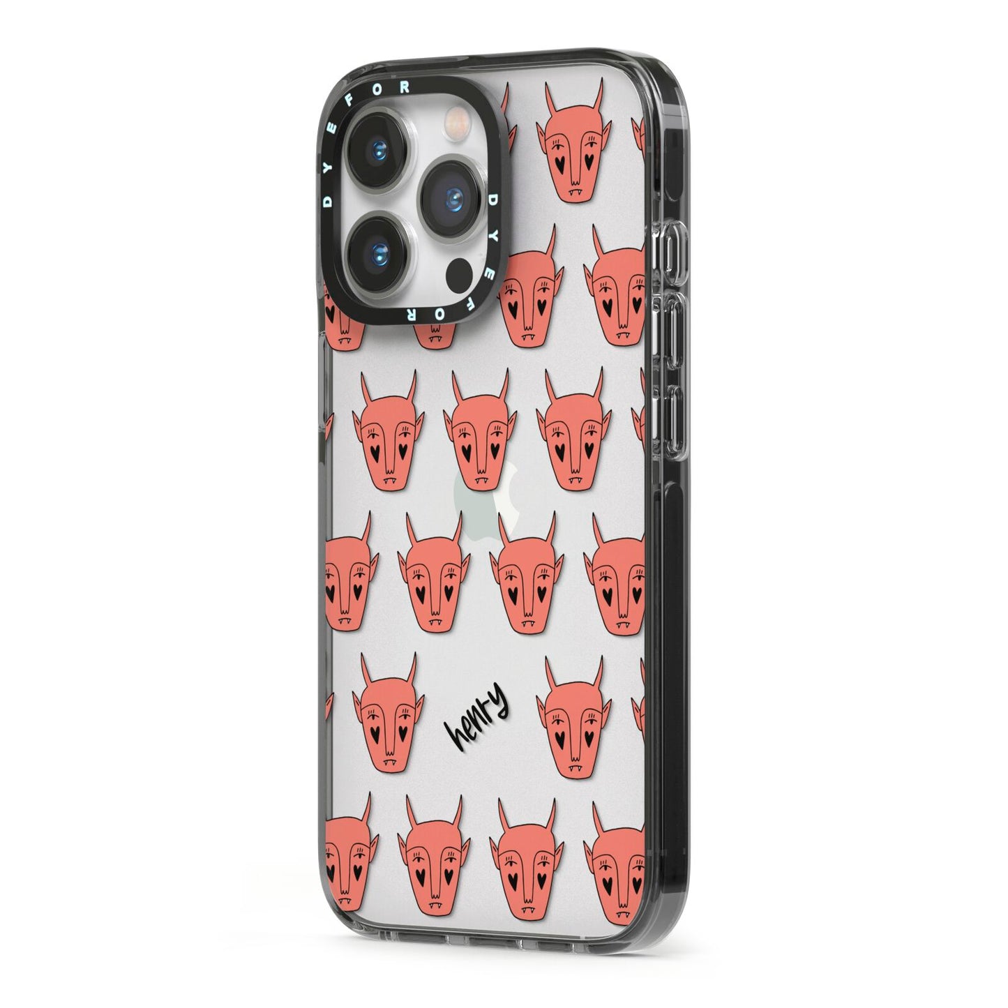 Pink Horned Halloween Personalised iPhone 13 Pro Black Impact Case Side Angle on Silver phone
