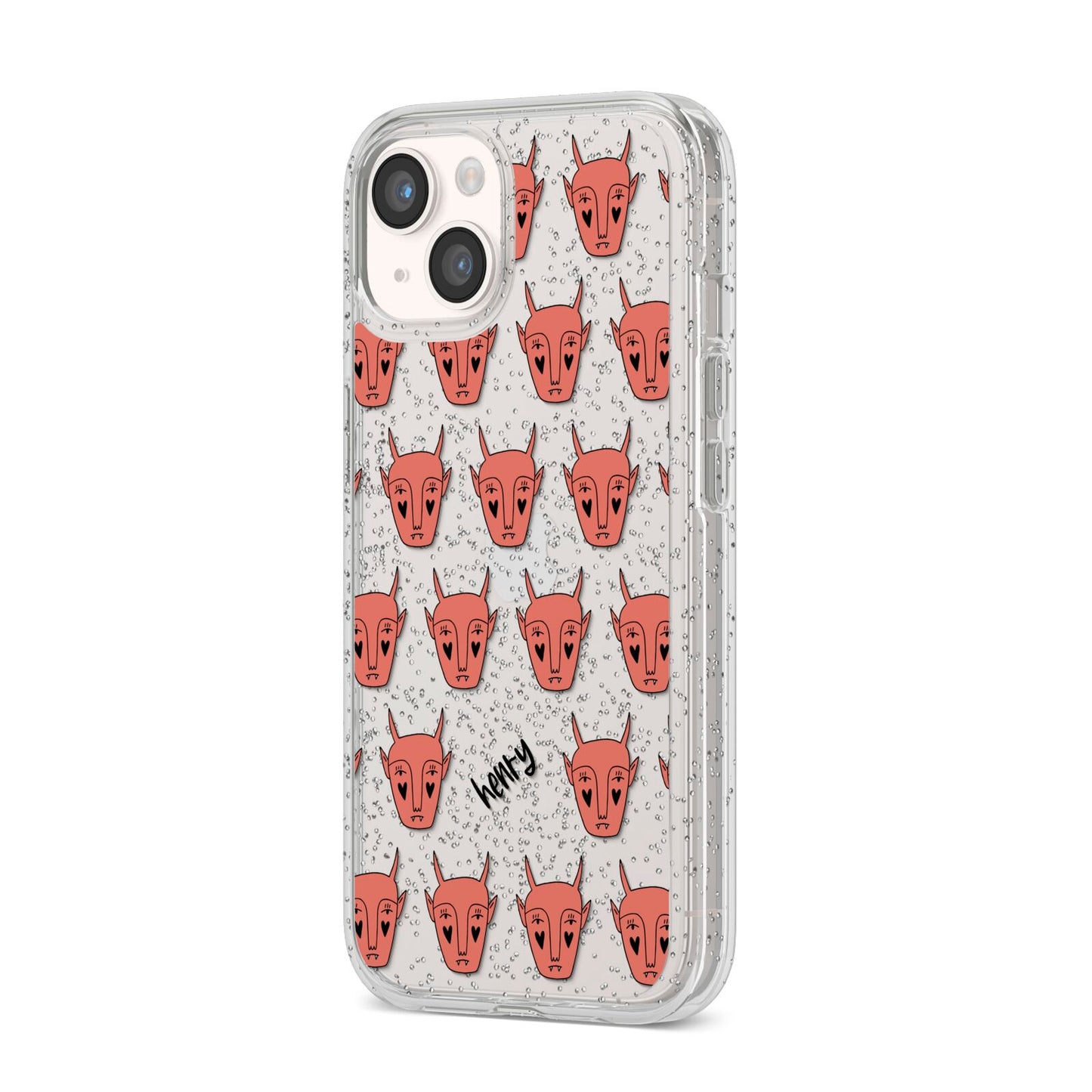 Pink Horned Halloween Personalised iPhone 14 Glitter Tough Case Starlight Angled Image