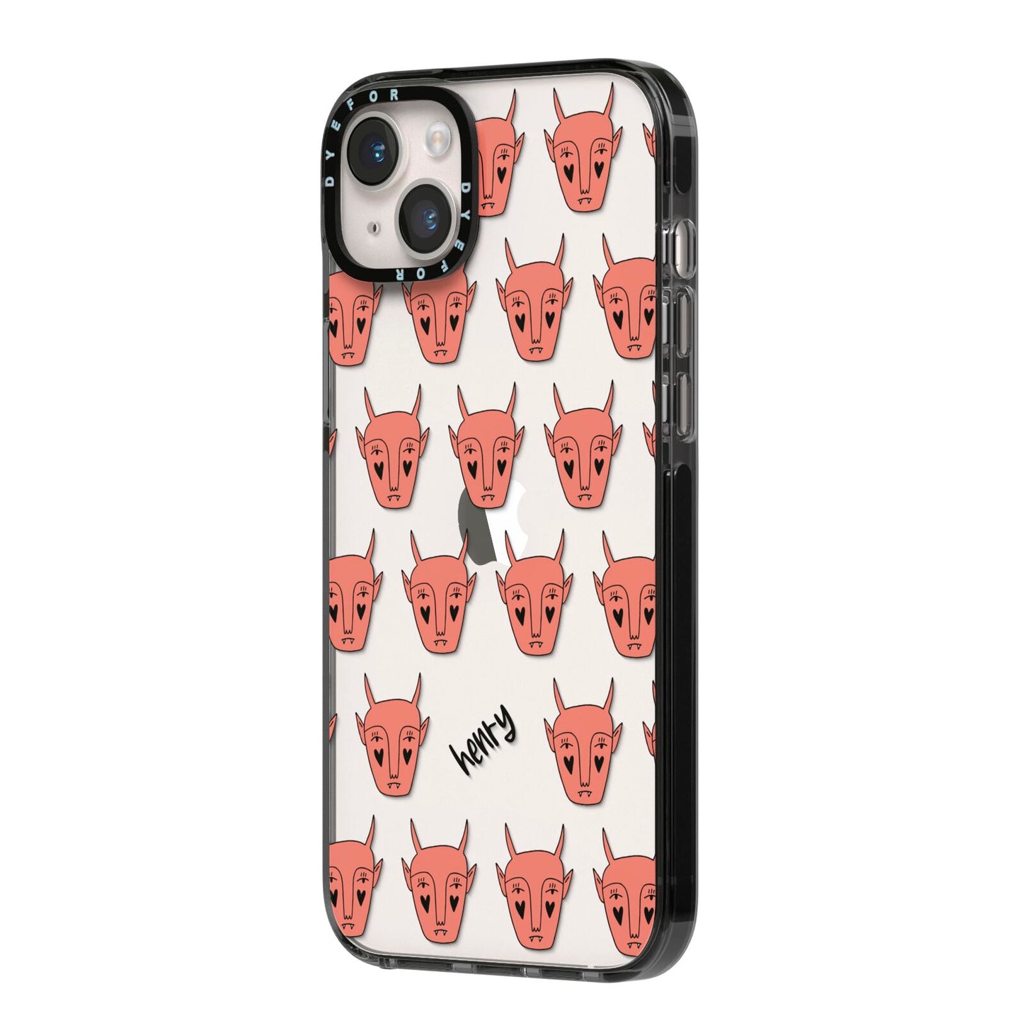 Pink Horned Halloween Personalised iPhone 14 Plus Black Impact Case Side Angle on Silver phone