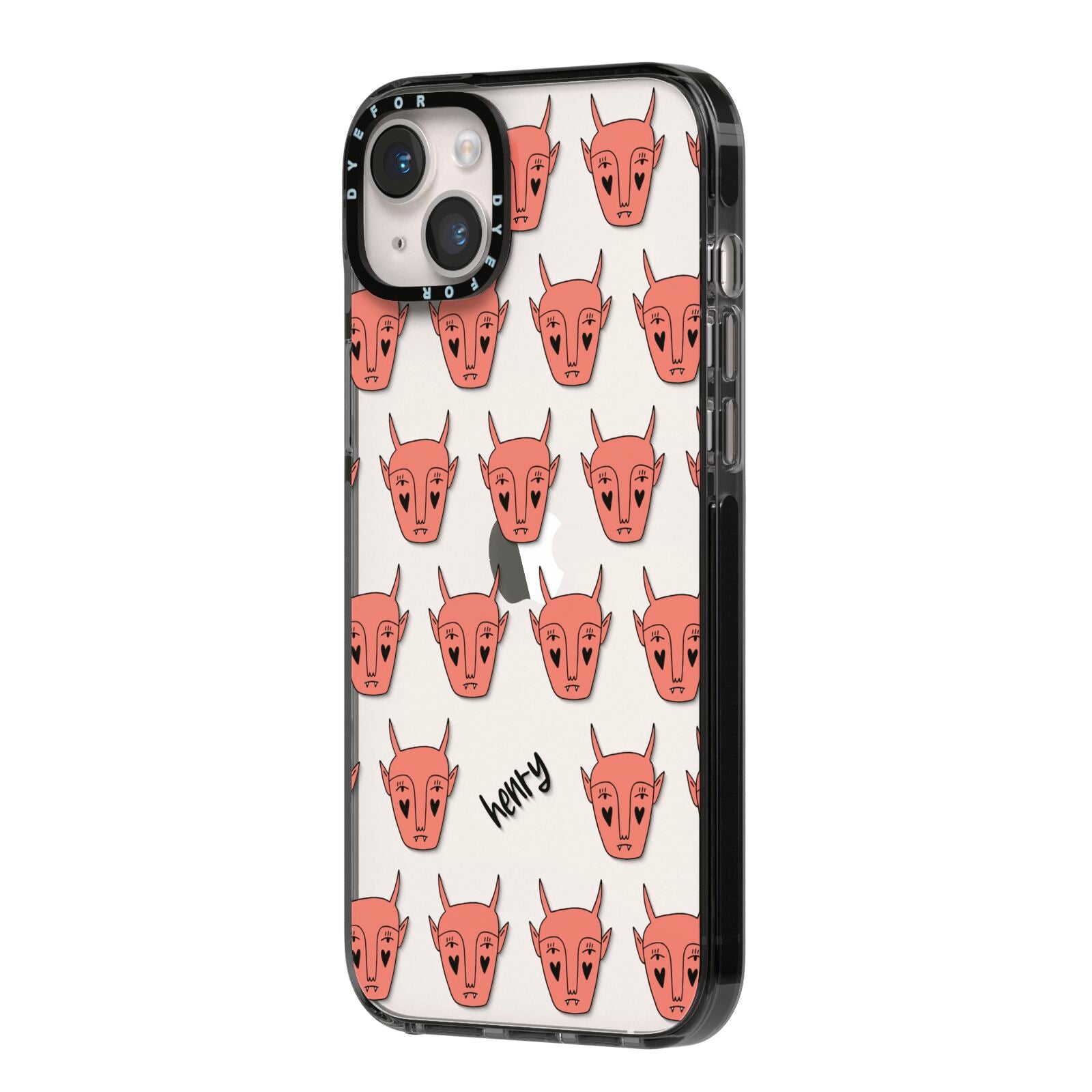 Pink Horned Halloween Personalised iPhone 14 Plus Black Impact Case Side Angle on Silver phone