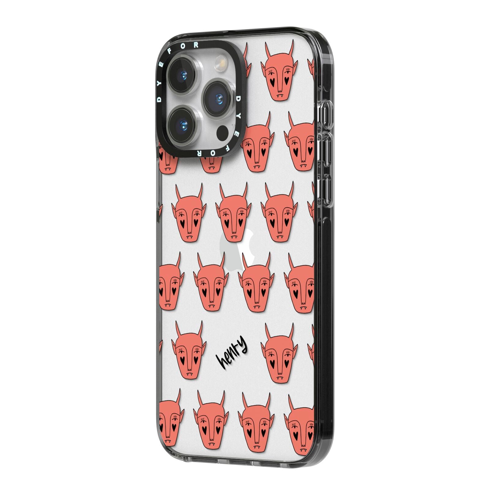 Pink Horned Halloween Personalised iPhone 14 Pro Max Black Impact Case Side Angle on Silver phone