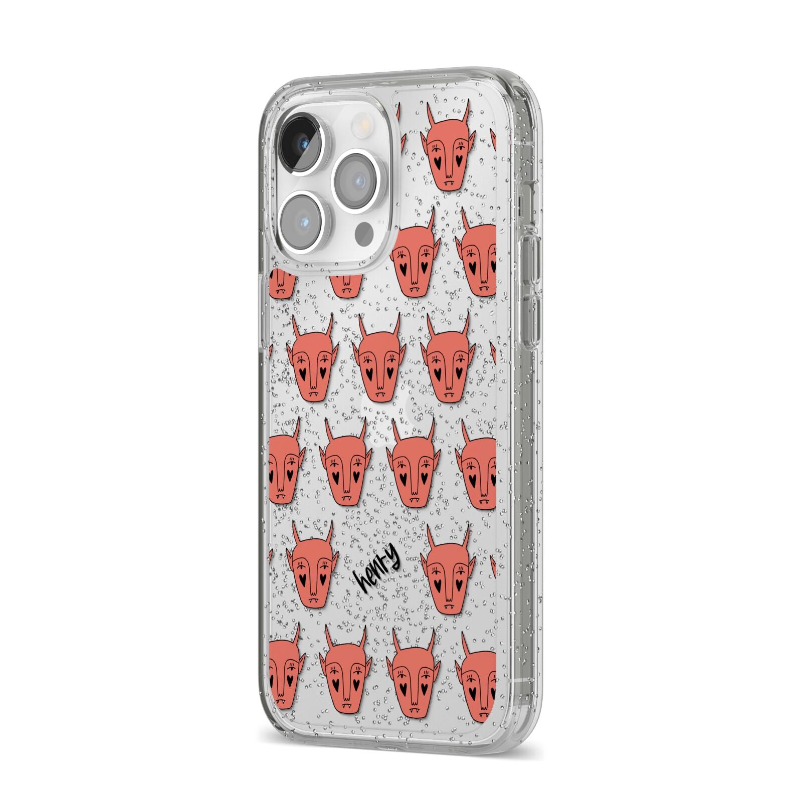 Pink Horned Halloween Personalised iPhone 14 Pro Max Glitter Tough Case Silver Angled Image