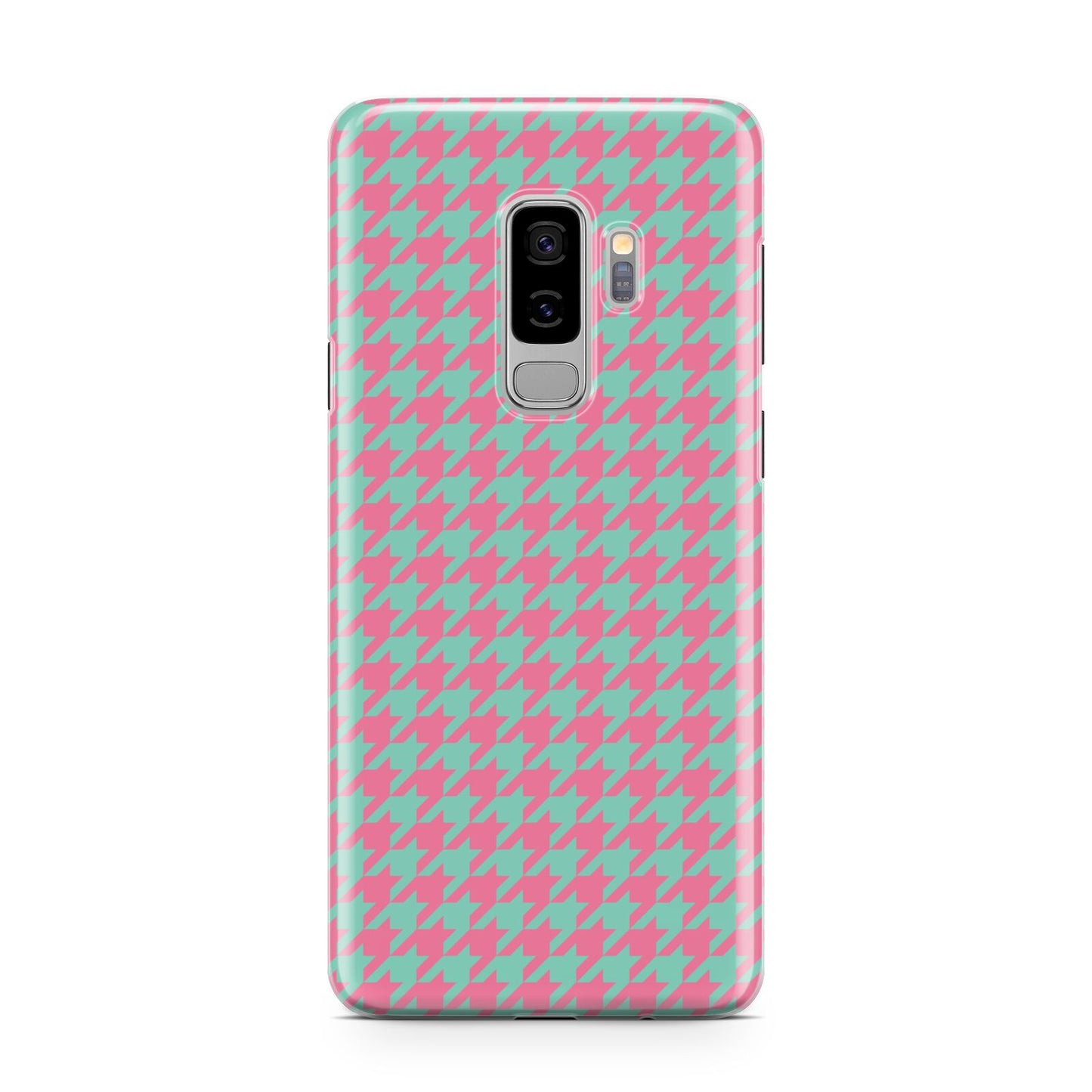 Pink Houndstooth Samsung Galaxy S9 Plus Case on Silver phone