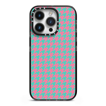 Pink Houndstooth iPhone 14 Pro Black Impact Case on Silver phone