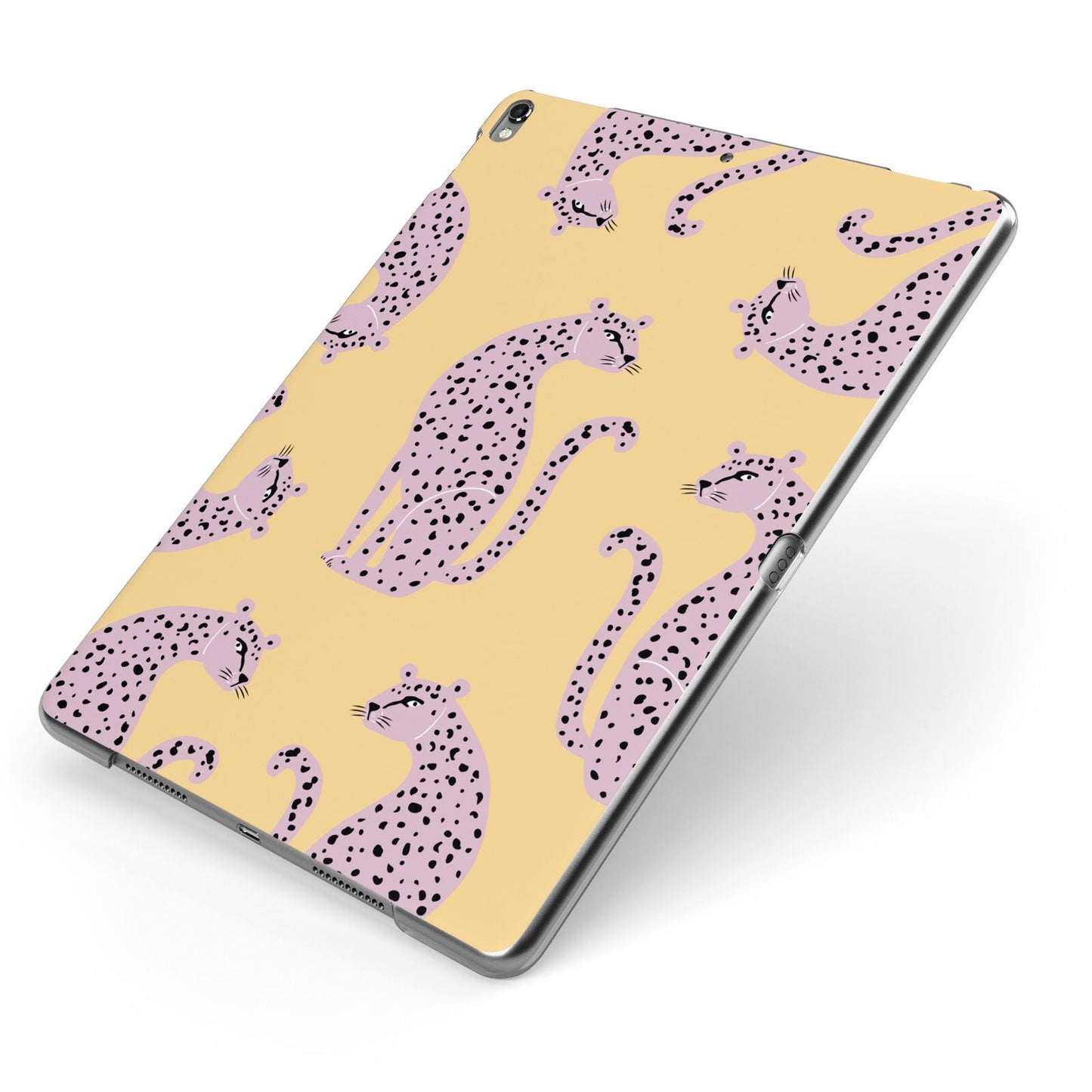 Pink Leopards Apple iPad Case on Grey iPad Side View