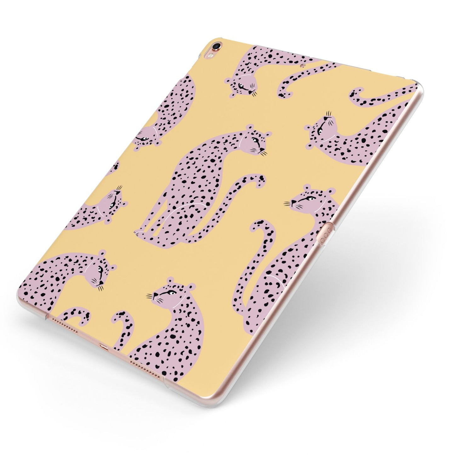 Pink Leopards Apple iPad Case on Rose Gold iPad Side View