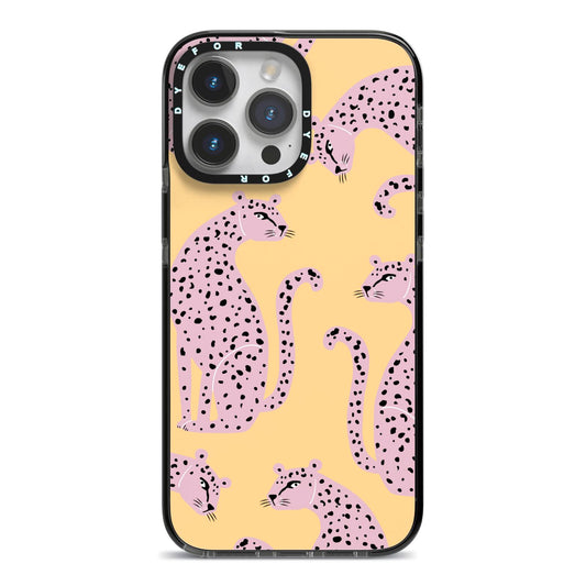 Pink Leopards iPhone 14 Pro Max Black Impact Case on Silver phone