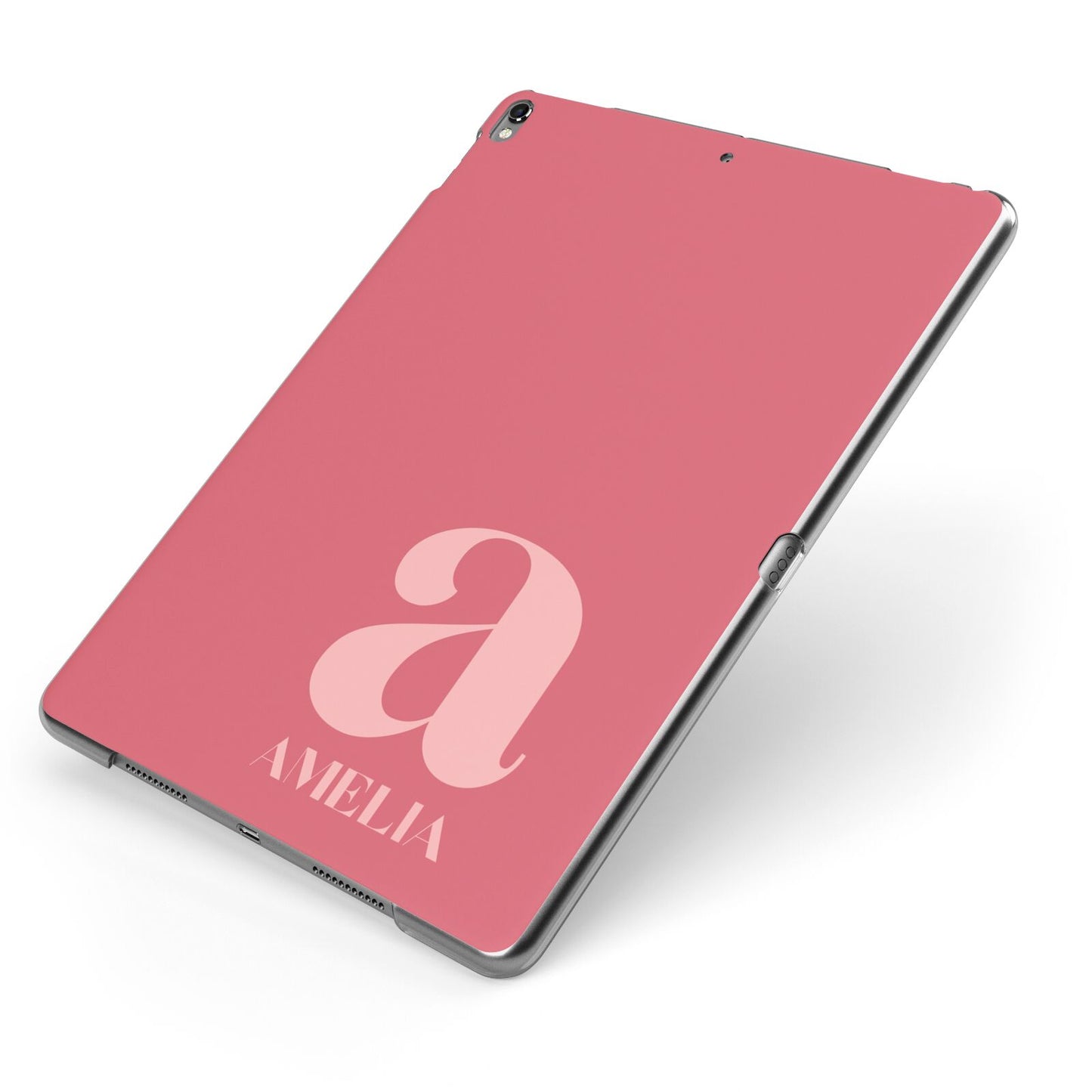 Pink Letter with Name Apple iPad Case on Grey iPad Side View