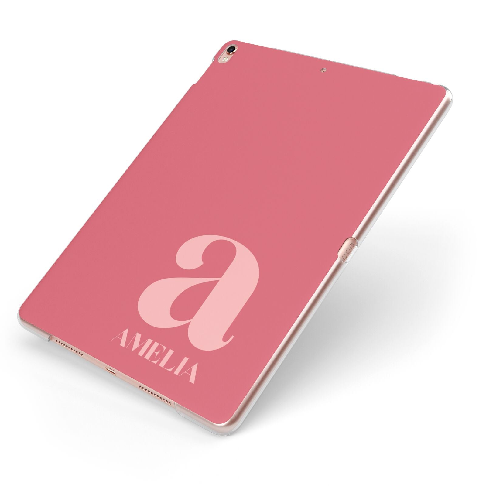 Pink Letter with Name Apple iPad Case on Rose Gold iPad Side View