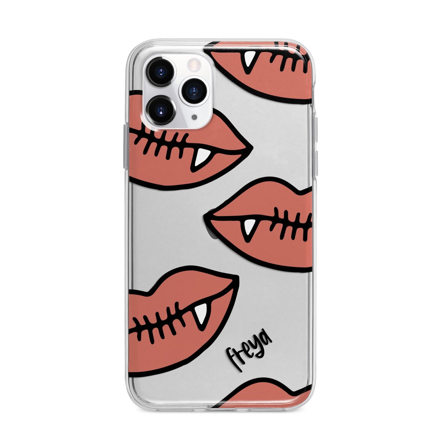 Pink Lips with Fangs Personalised Apple iPhone 11 Pro Max in Silver with Bumper Case