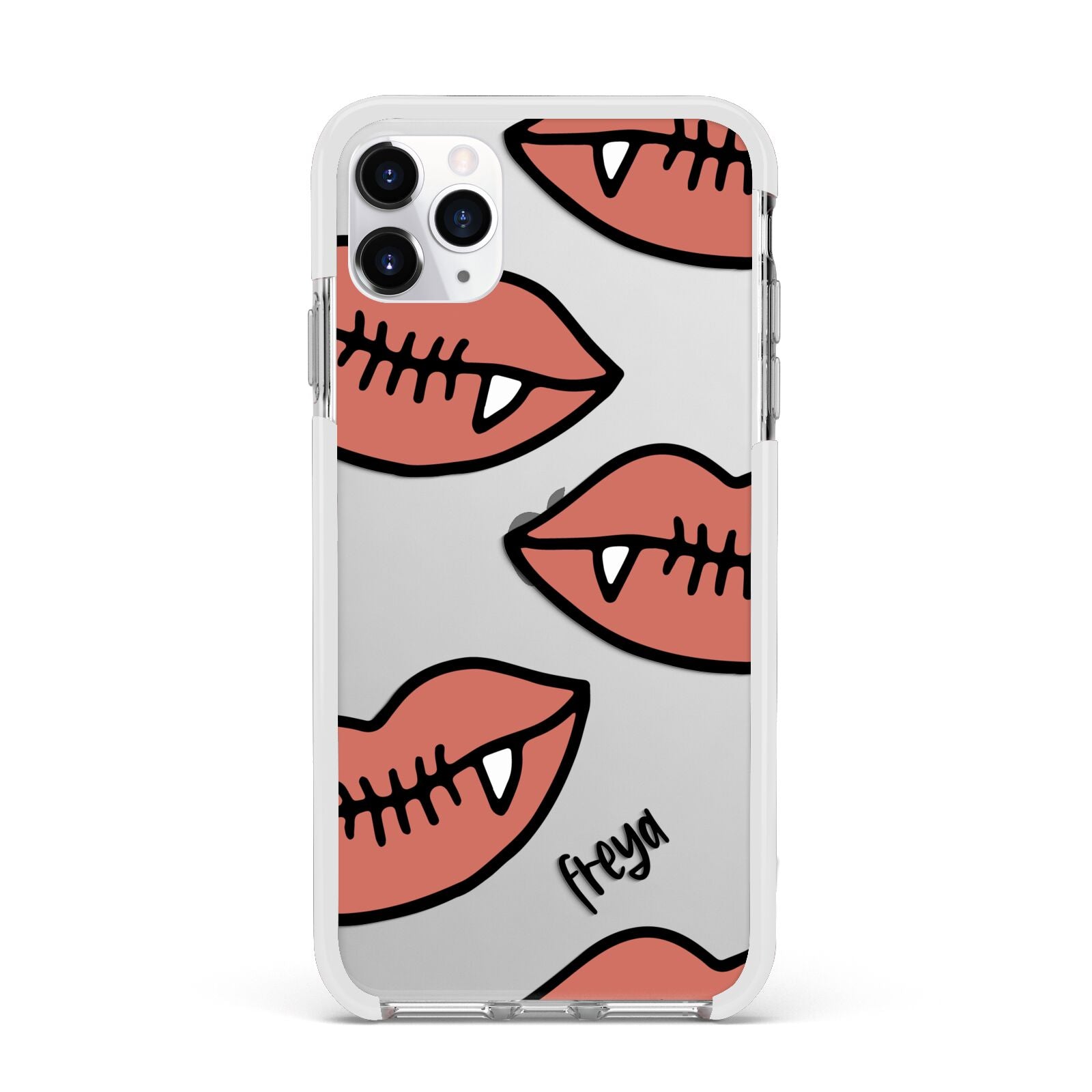 Pink Lips with Fangs Personalised Apple iPhone 11 Pro Max in Silver with White Impact Case