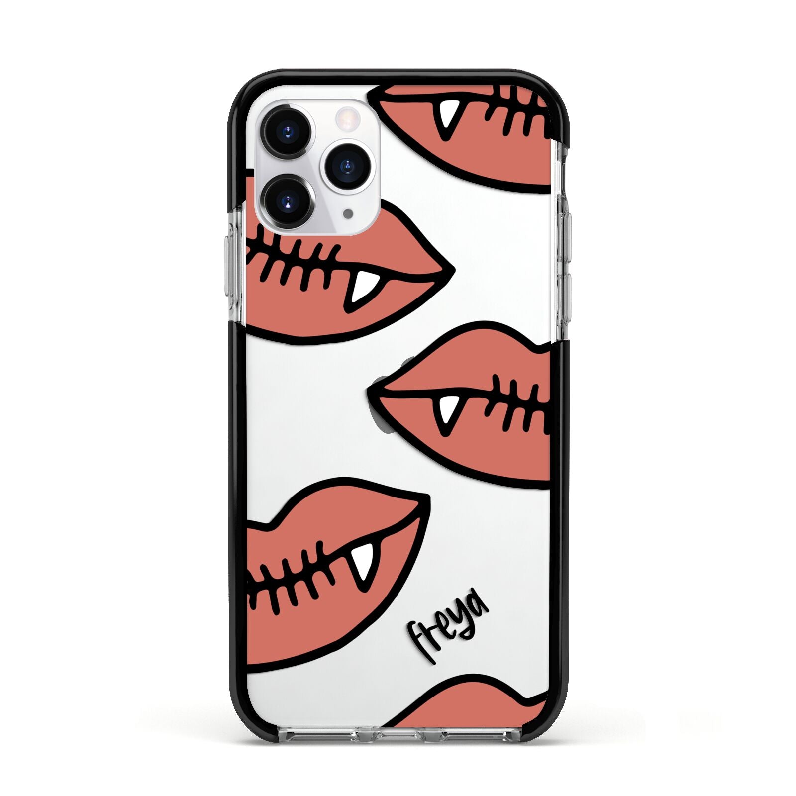 Pink Lips with Fangs Personalised Apple iPhone 11 Pro in Silver with Black Impact Case
