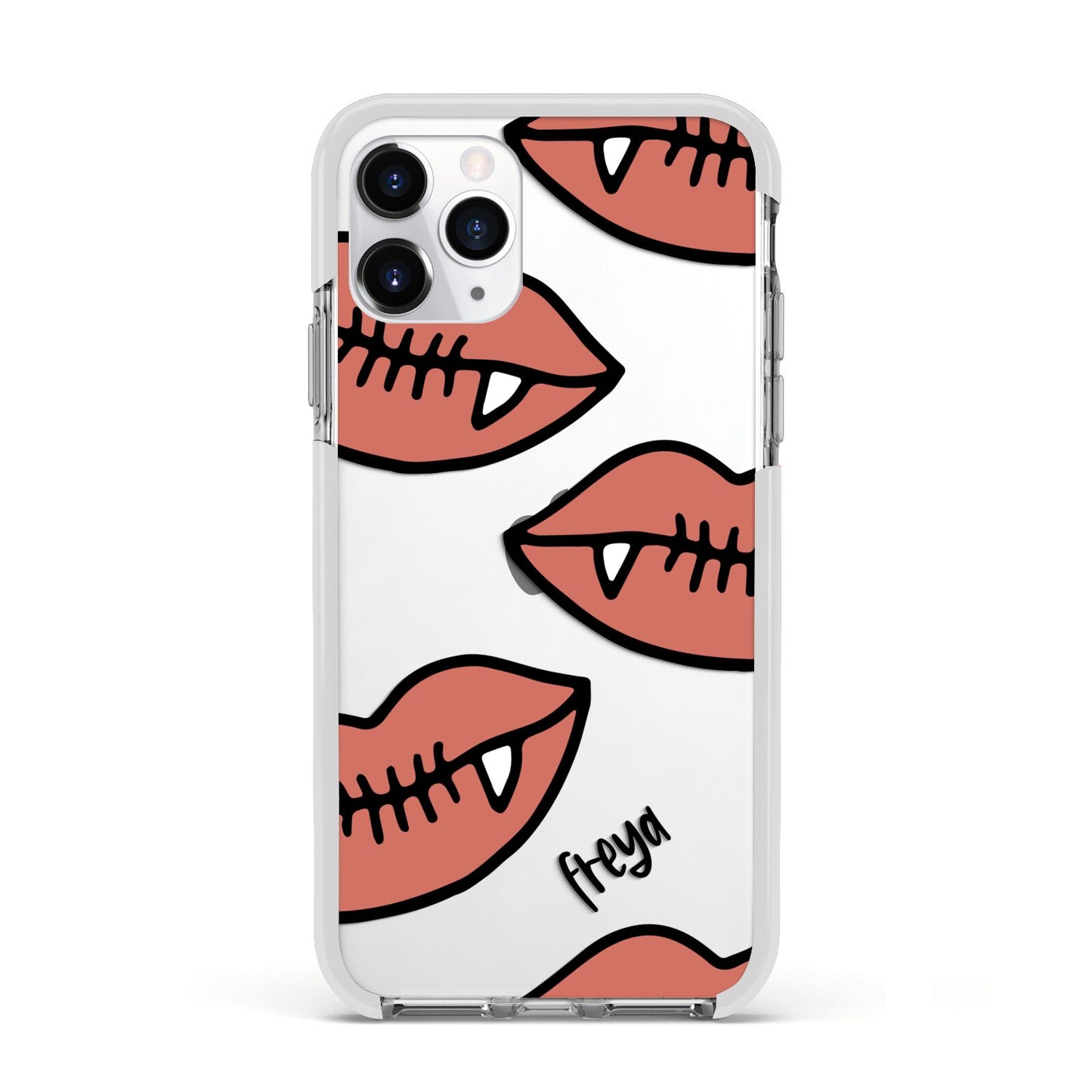 Pink Lips with Fangs Personalised Apple iPhone 11 Pro in Silver with White Impact Case
