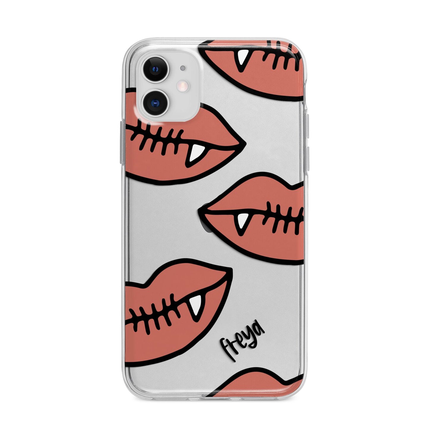Pink Lips with Fangs Personalised Apple iPhone 11 in White with Bumper Case