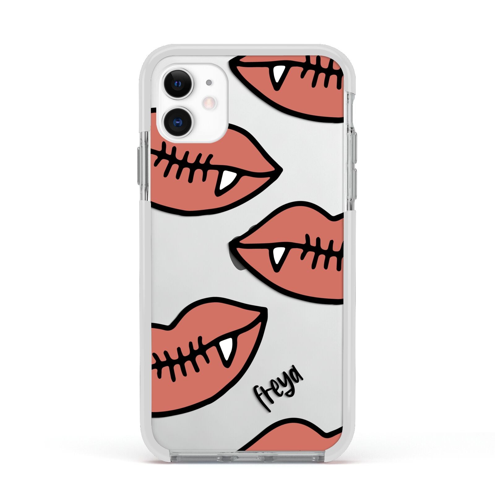 Pink Lips with Fangs Personalised Apple iPhone 11 in White with White Impact Case