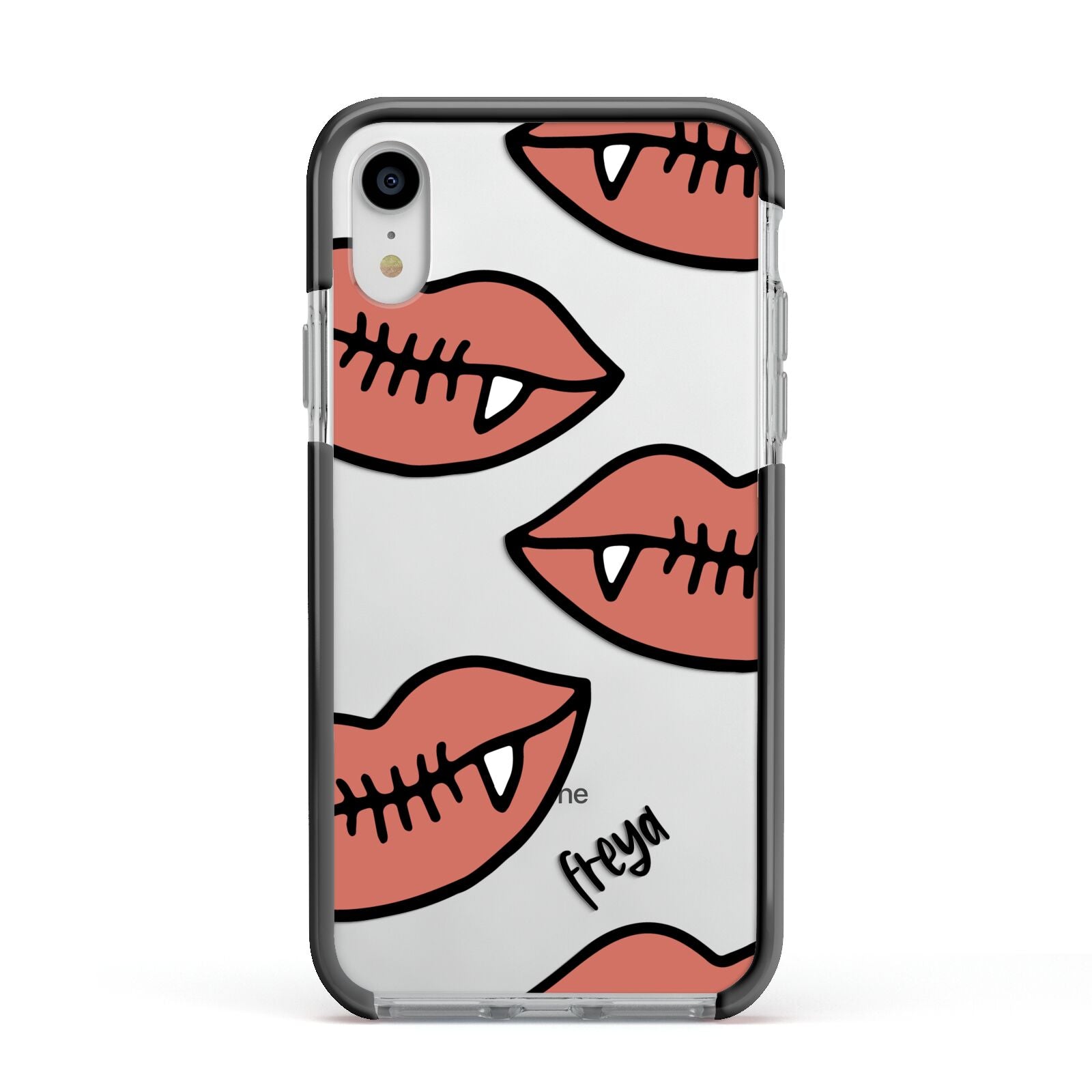 Pink Lips with Fangs Personalised Apple iPhone XR Impact Case Black Edge on Silver Phone