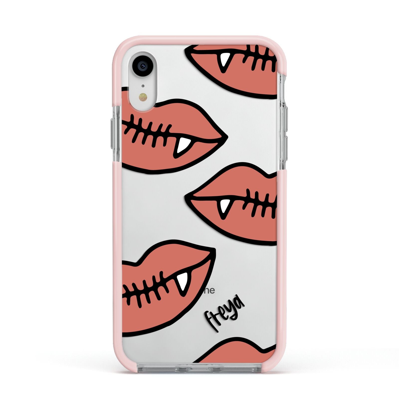 Pink Lips with Fangs Personalised Apple iPhone XR Impact Case Pink Edge on Silver Phone