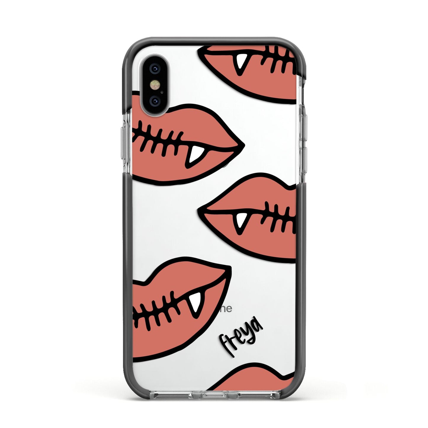 Pink Lips with Fangs Personalised Apple iPhone Xs Impact Case Black Edge on Silver Phone