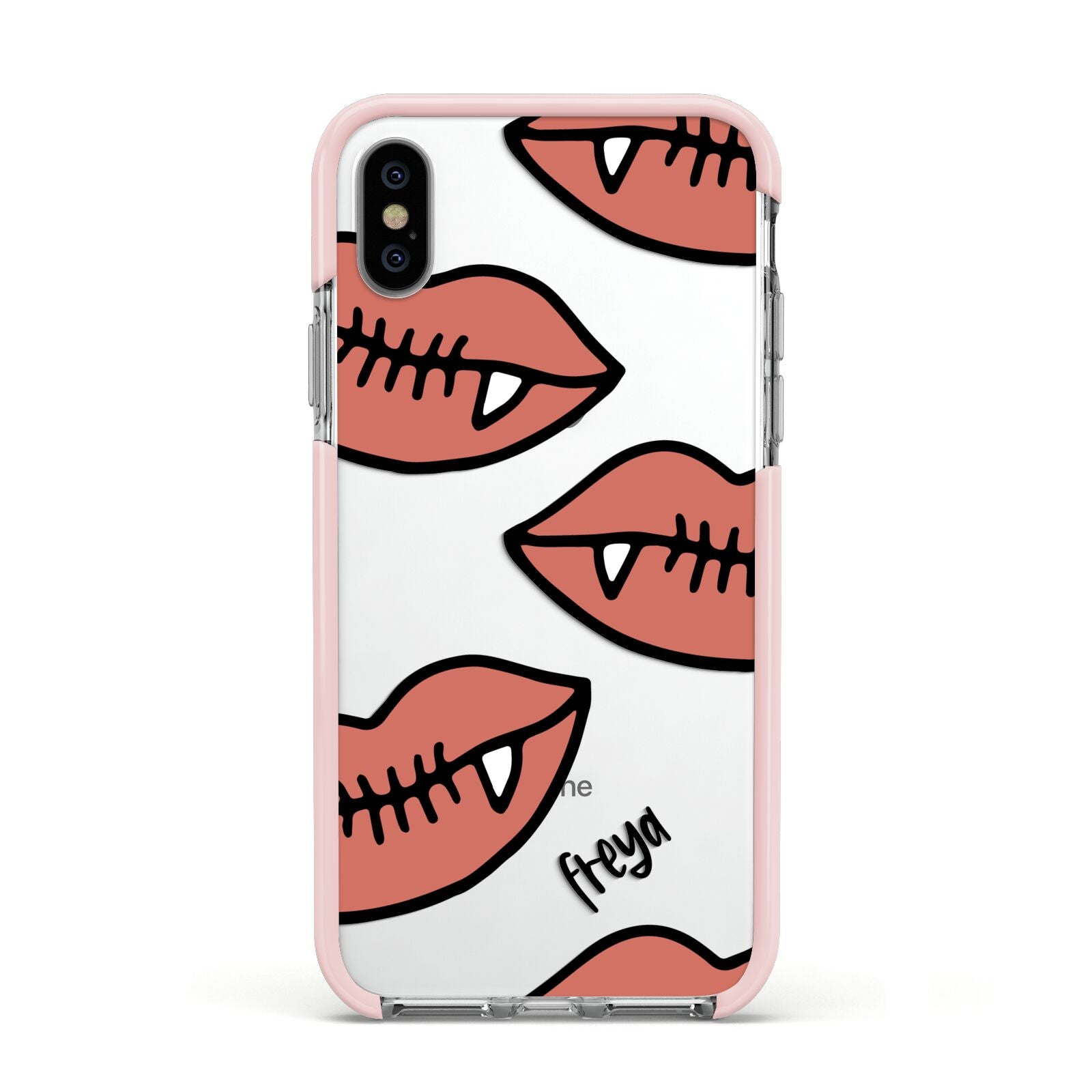 Pink Lips with Fangs Personalised Apple iPhone Xs Impact Case Pink Edge on Silver Phone