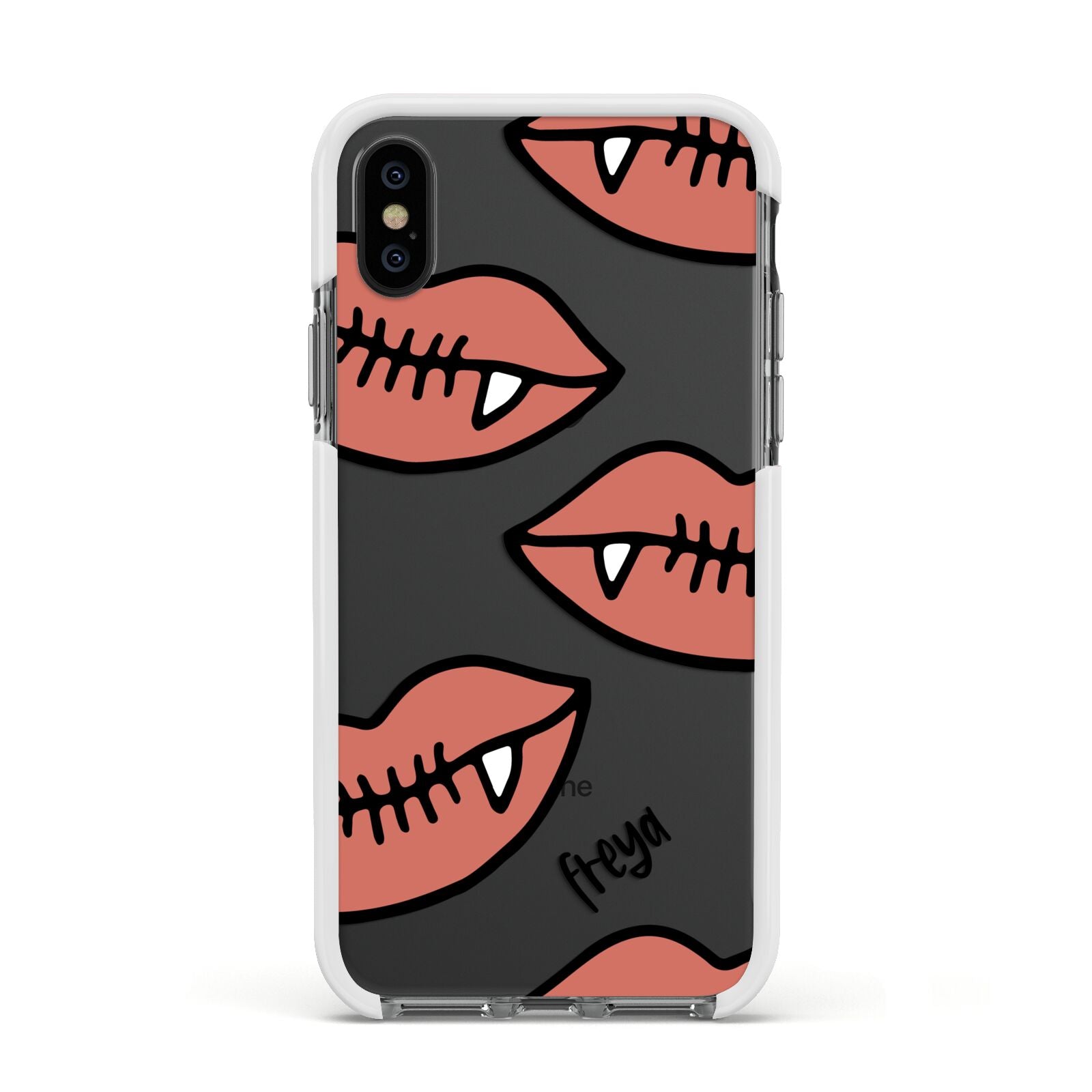 Pink Lips with Fangs Personalised Apple iPhone Xs Impact Case White Edge on Black Phone
