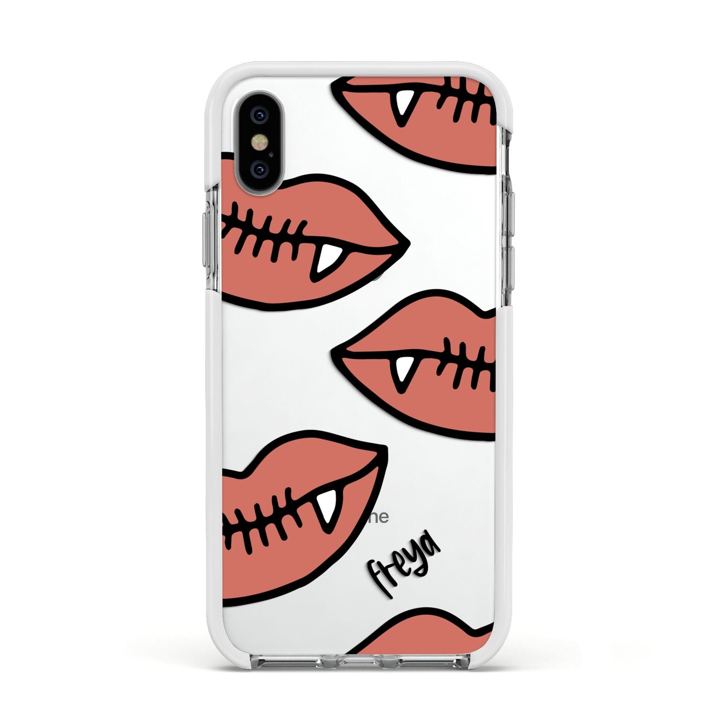 Pink Lips with Fangs Personalised Apple iPhone Xs Impact Case White Edge on Silver Phone