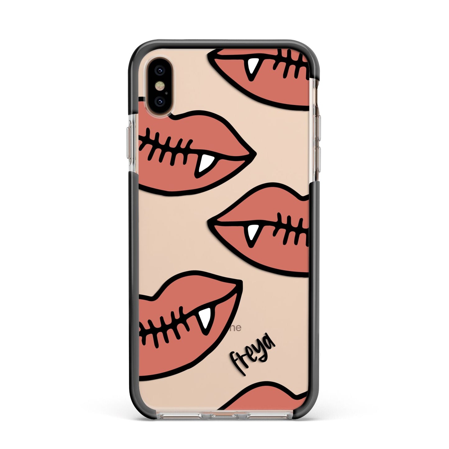 Pink Lips with Fangs Personalised Apple iPhone Xs Max Impact Case Black Edge on Gold Phone