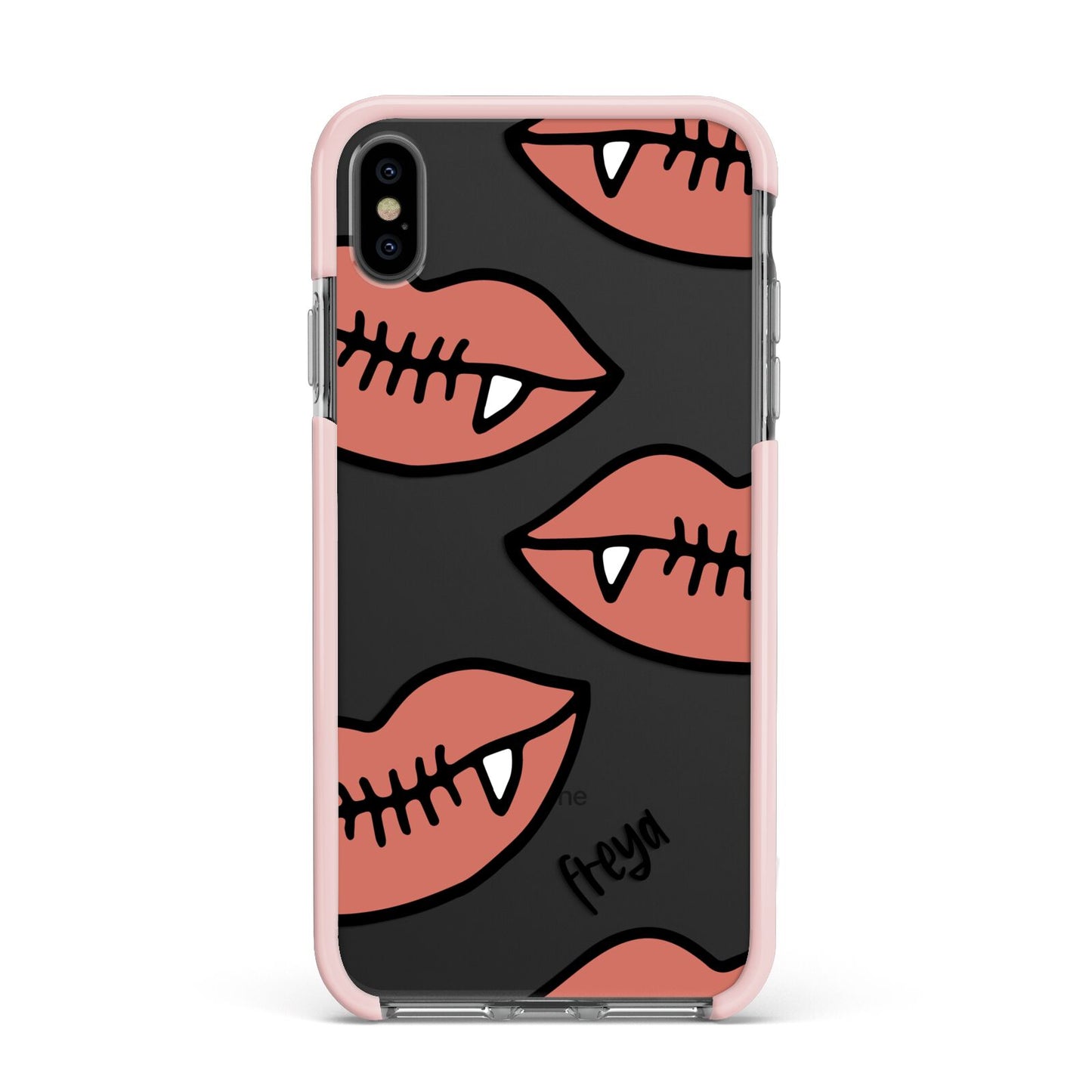 Pink Lips with Fangs Personalised Apple iPhone Xs Max Impact Case Pink Edge on Black Phone