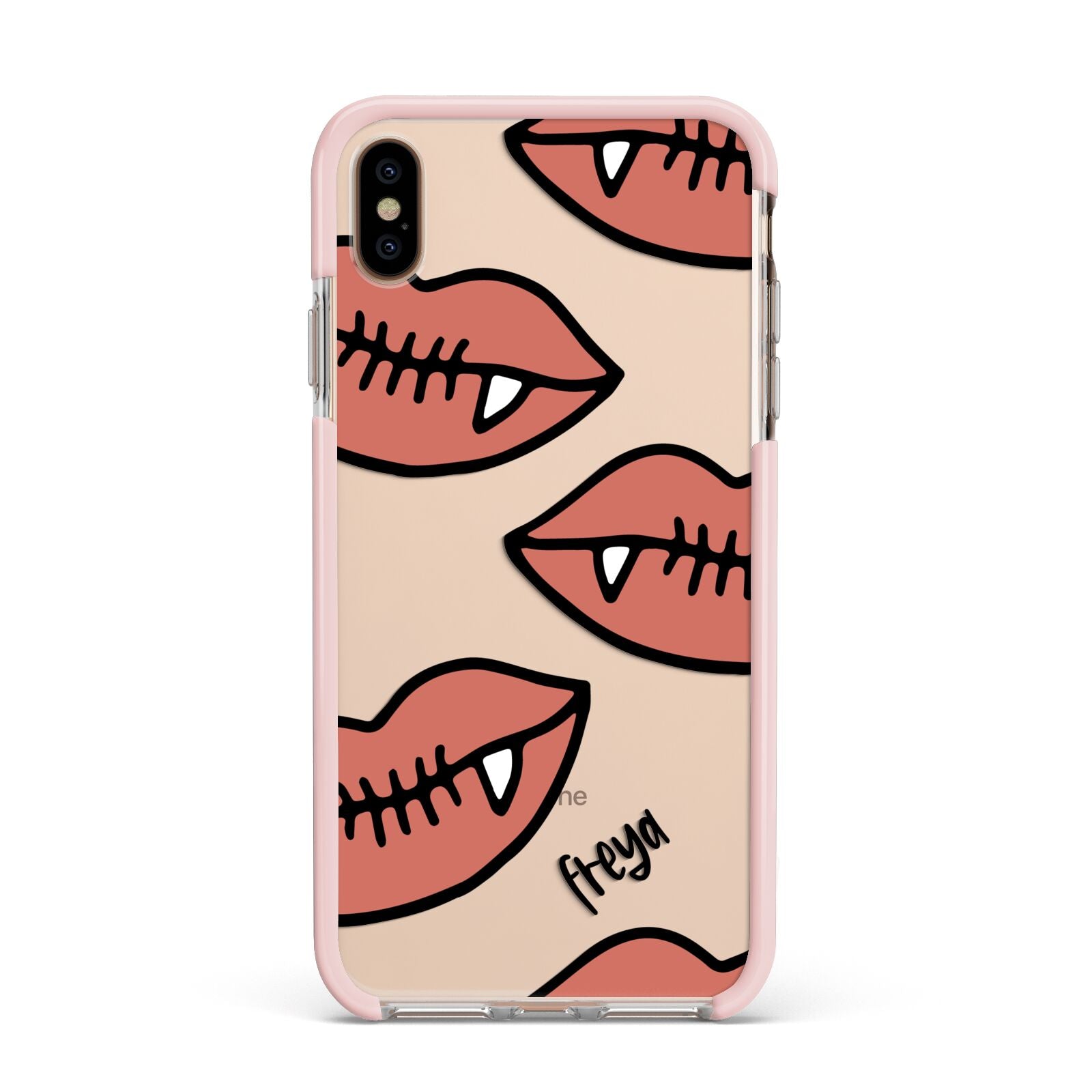 Pink Lips with Fangs Personalised Apple iPhone Xs Max Impact Case Pink Edge on Gold Phone