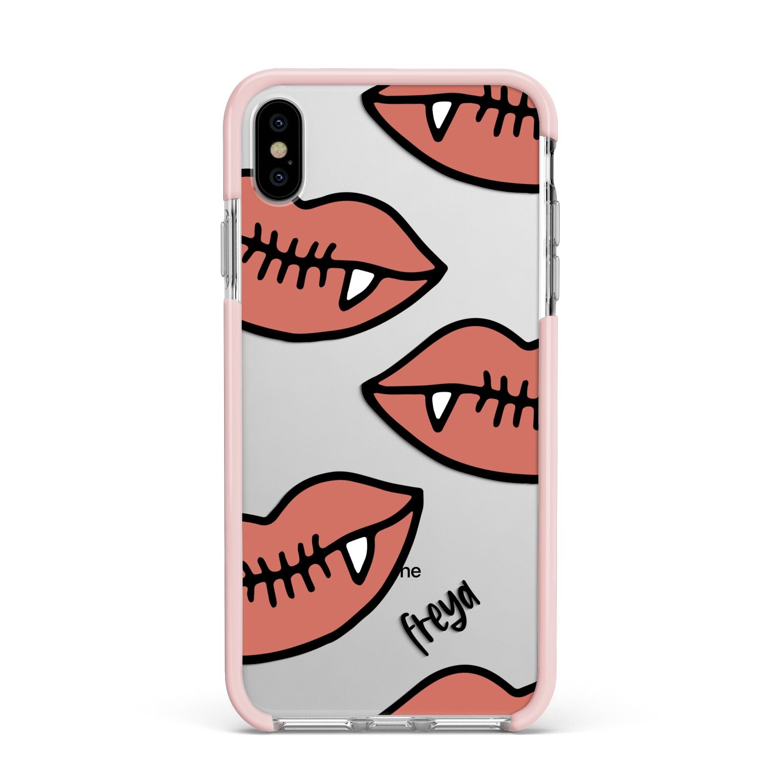 Pink Lips with Fangs Personalised Apple iPhone Xs Max Impact Case Pink Edge on Silver Phone