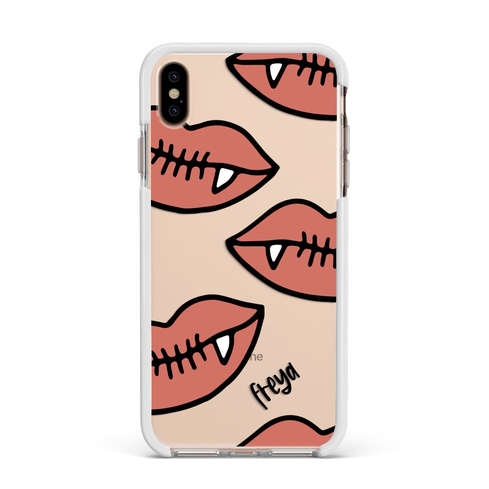 Pink Lips with Fangs Personalised Apple iPhone Xs Max Impact Case White Edge on Gold Phone