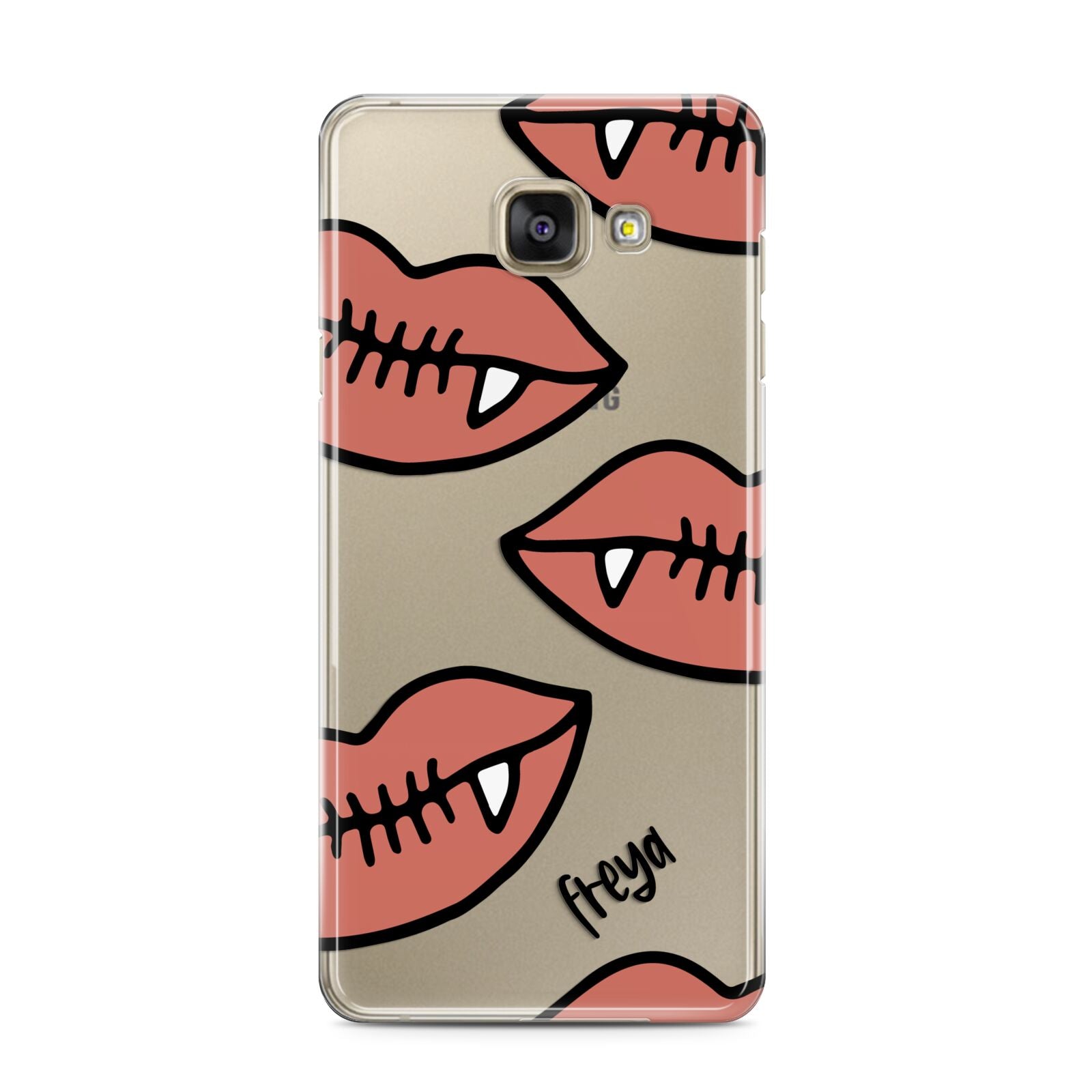 Pink Lips with Fangs Personalised Samsung Galaxy A3 2016 Case on gold phone