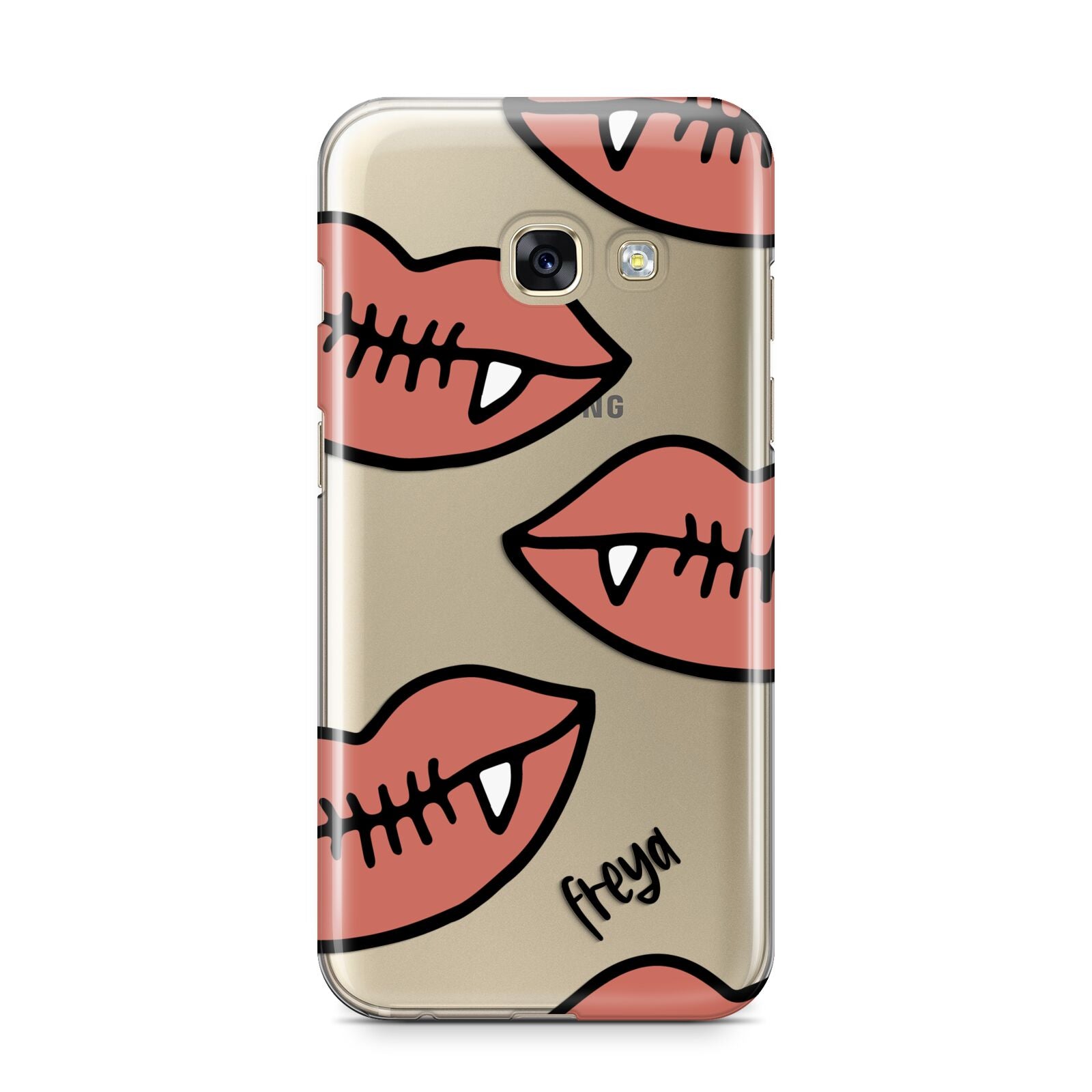 Pink Lips with Fangs Personalised Samsung Galaxy A3 2017 Case on gold phone