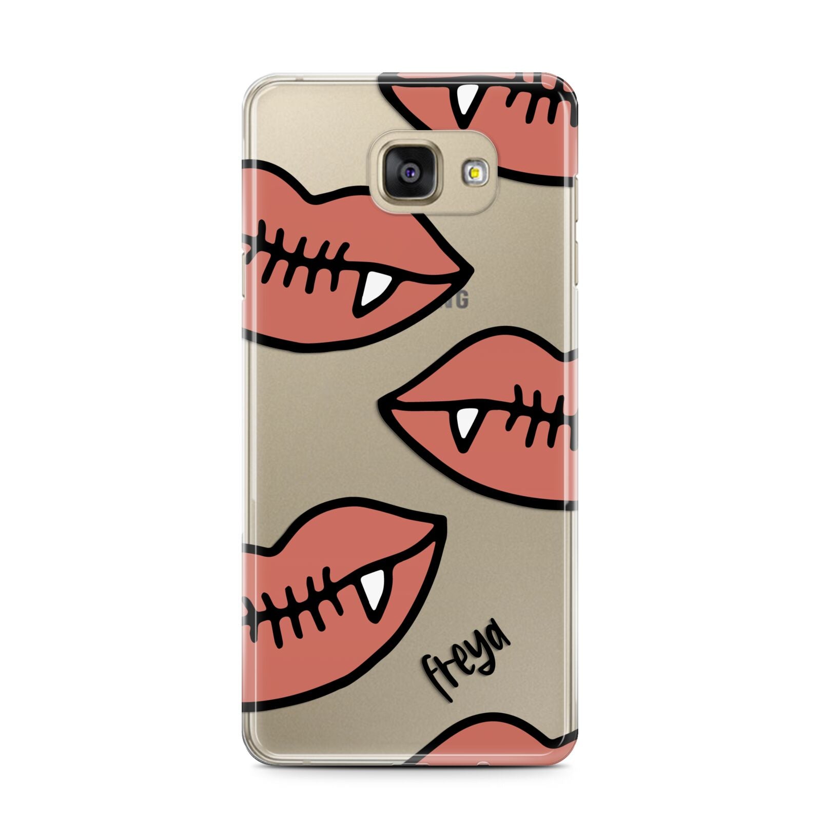 Pink Lips with Fangs Personalised Samsung Galaxy A7 2016 Case on gold phone