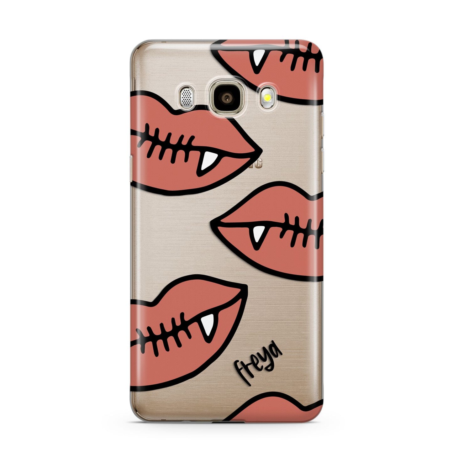Pink Lips with Fangs Personalised Samsung Galaxy J7 2016 Case on gold phone