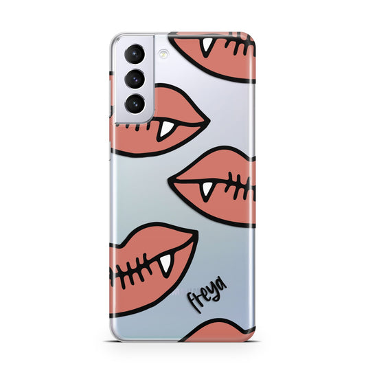 Pink Lips with Fangs Personalised Samsung S21 Plus Phone Case