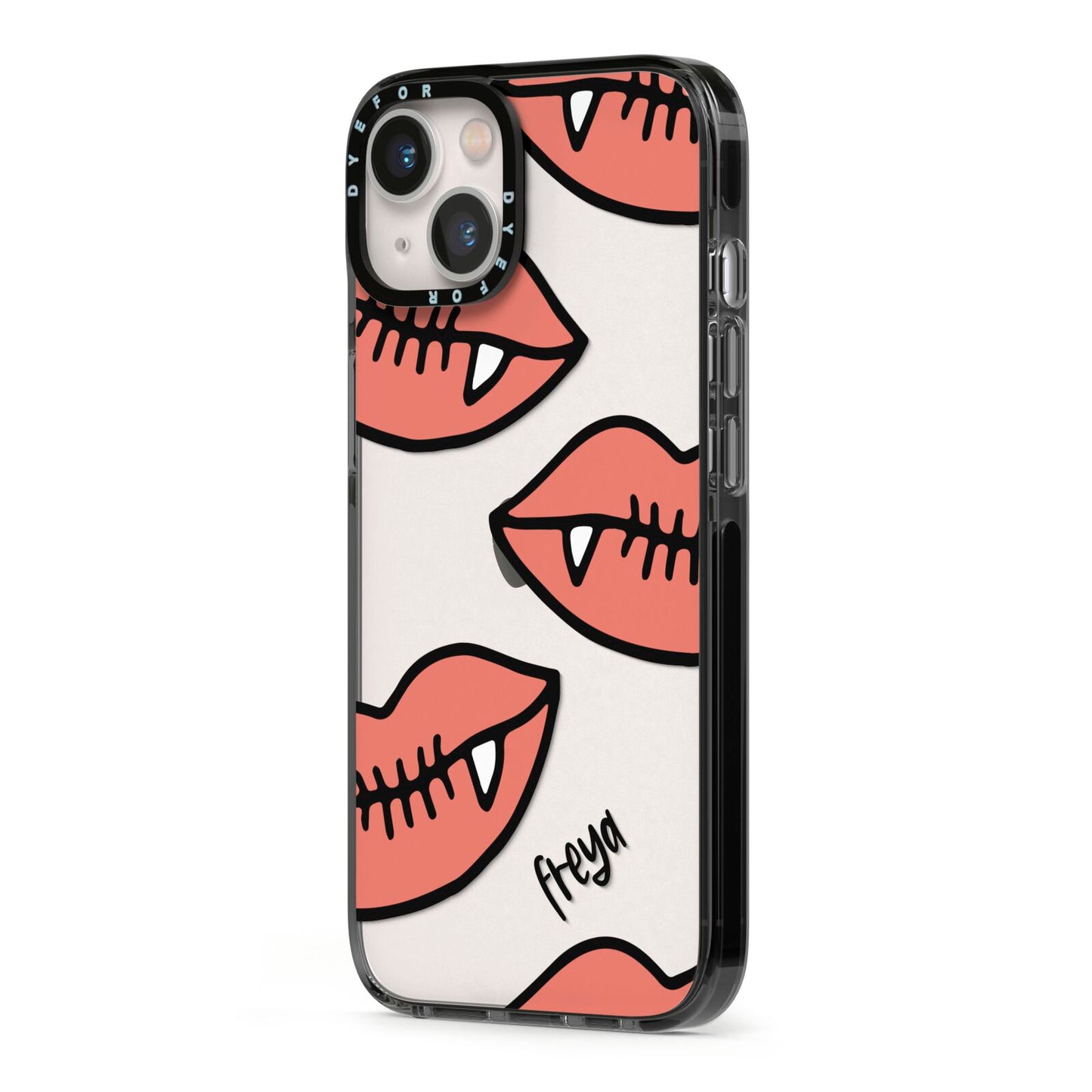 Pink Lips with Fangs Personalised iPhone 13 Black Impact Case Side Angle on Silver phone