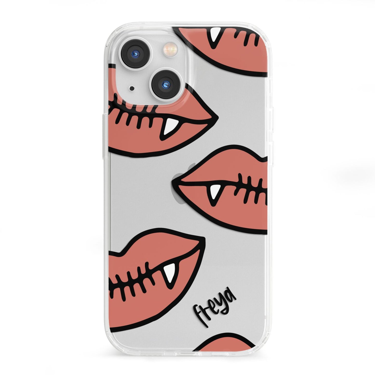 Pink Lips with Fangs Personalised iPhone 13 Mini Clear Bumper Case
