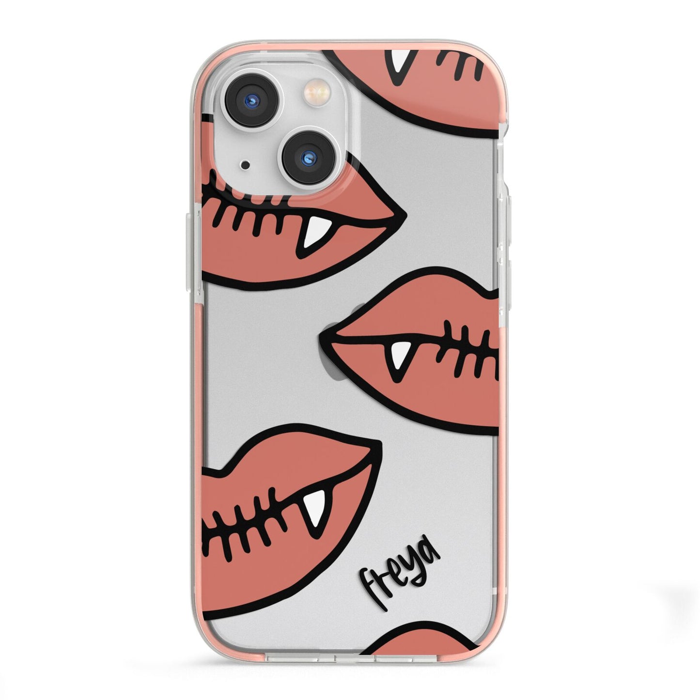 Pink Lips with Fangs Personalised iPhone 13 Mini TPU Impact Case with Pink Edges