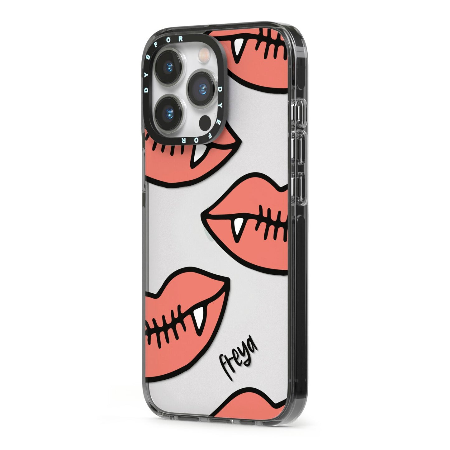 Pink Lips with Fangs Personalised iPhone 13 Pro Black Impact Case Side Angle on Silver phone
