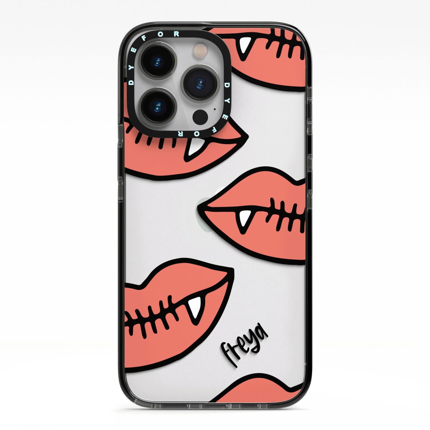Pink Lips with Fangs Personalised iPhone 13 Pro Black Impact Case on Silver phone