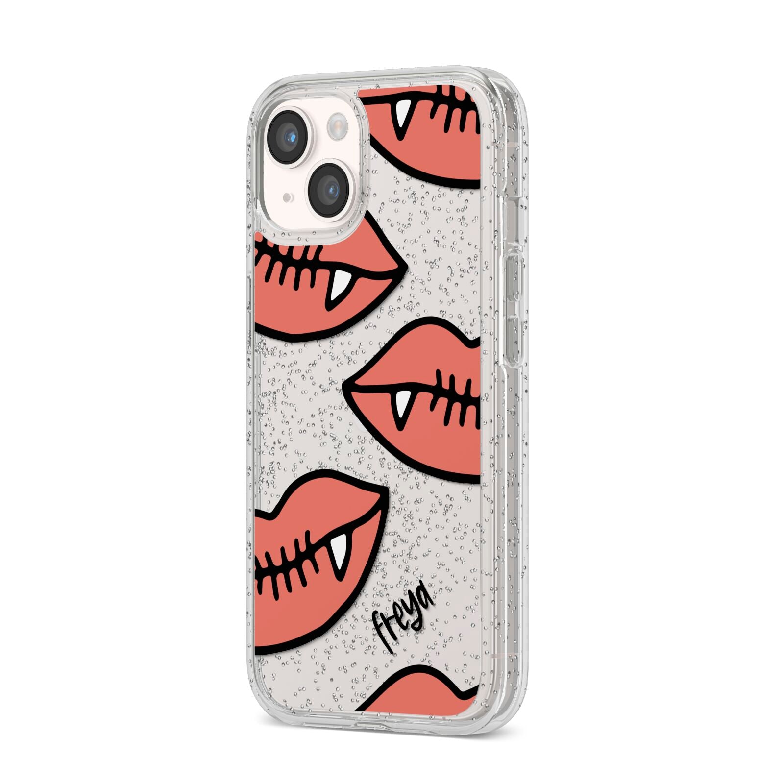 Pink Lips with Fangs Personalised iPhone 14 Glitter Tough Case Starlight Angled Image
