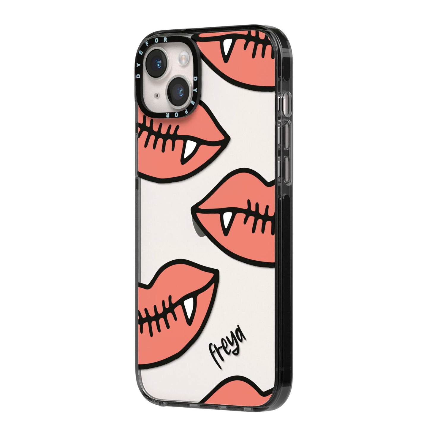 Pink Lips with Fangs Personalised iPhone 14 Plus Black Impact Case Side Angle on Silver phone