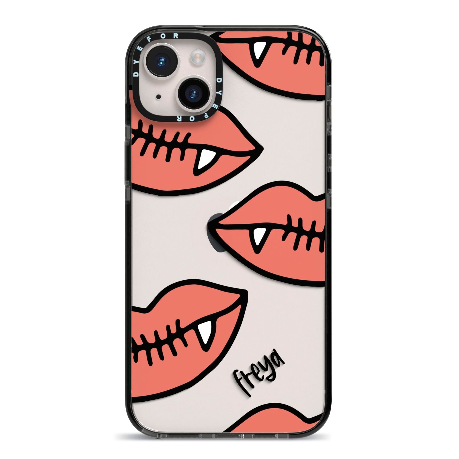 Pink Lips with Fangs Personalised iPhone 14 Plus Black Impact Case on Silver phone